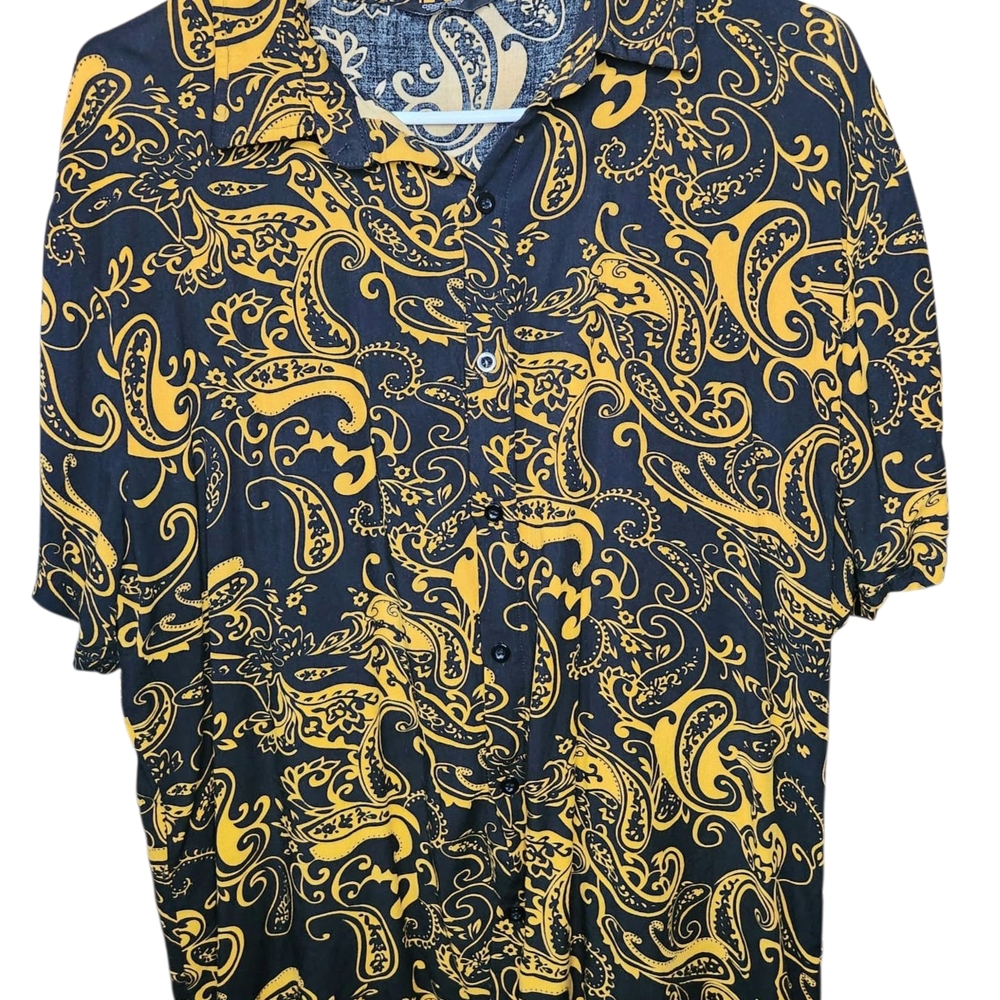 Black and Yellow Casual Button Down Shirt with Ornate Pattern